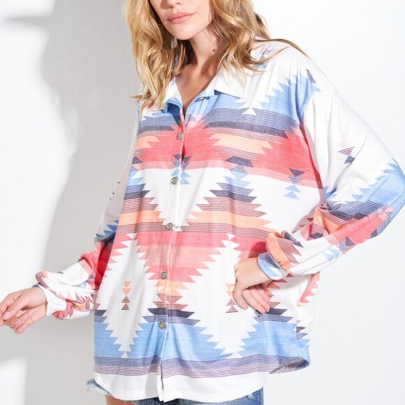 Western Coastal Cowgirl Diamond Aztec Cream Button Shacket with Collar & Pockets - Picture 3 of 14